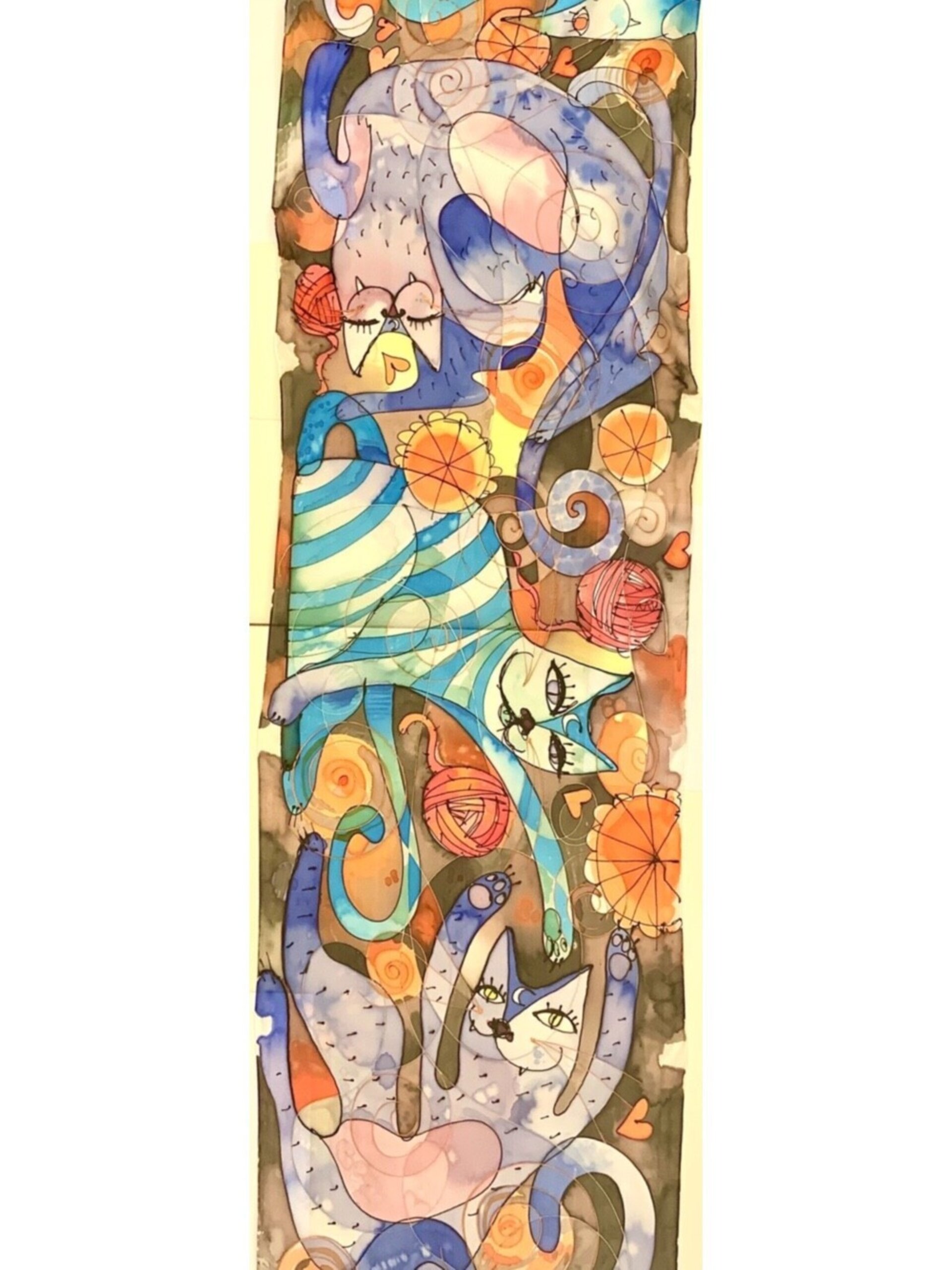 Pañuelo seda pintado a mano gatos divertido regalo encargos arte - 3