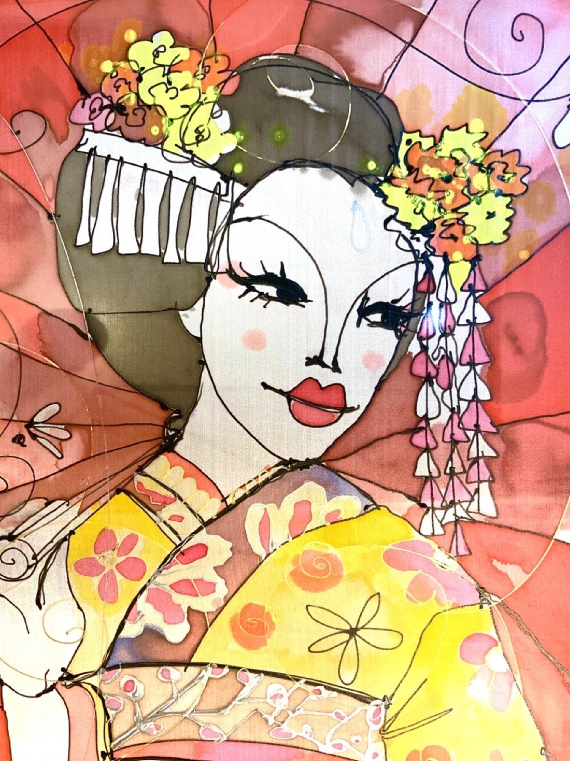 Pañuelo de seda artesanal geisha flor rojo pintado a mano - 1