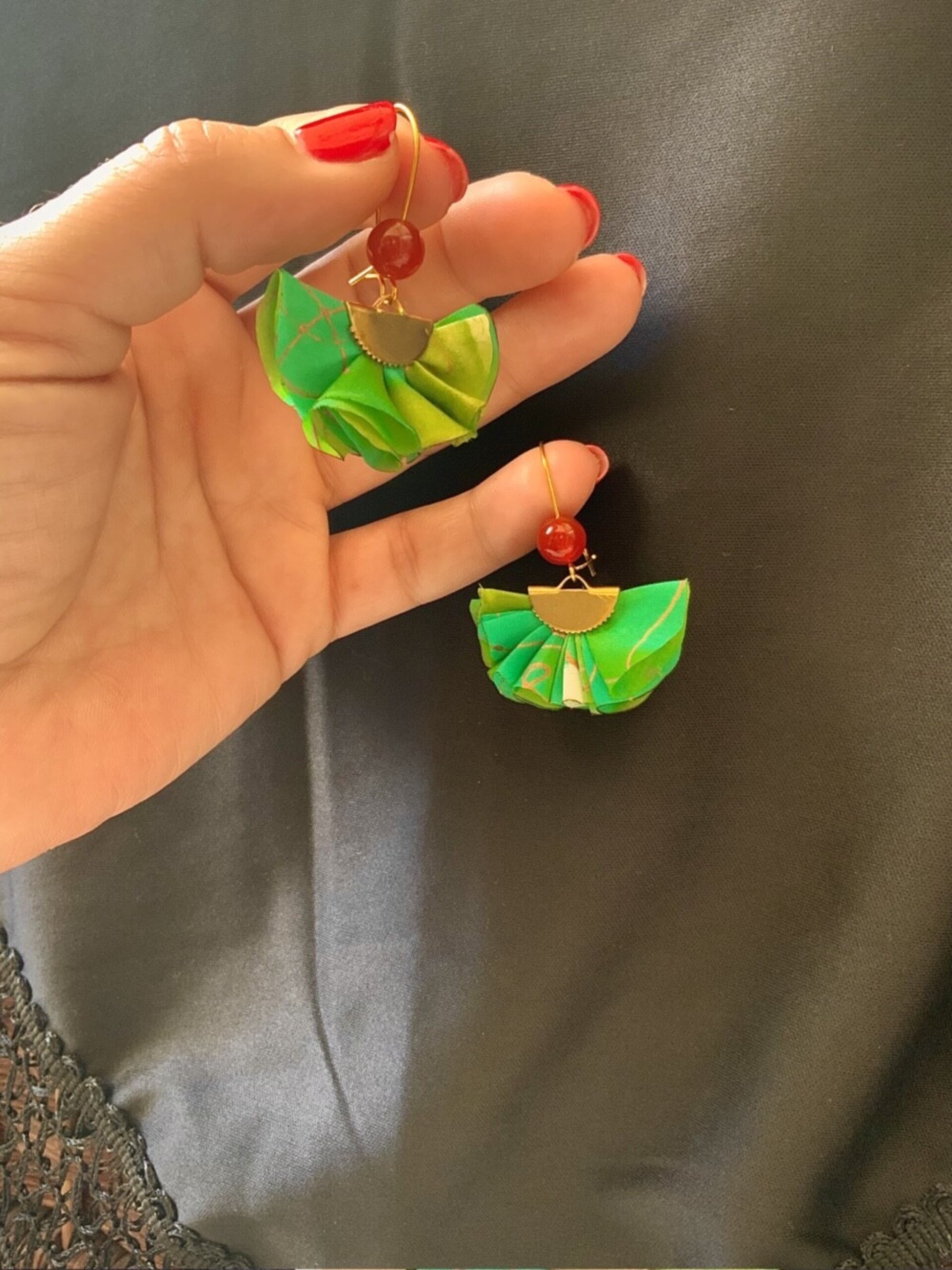 Pendientes verde hierbabuena seda complemento flamenca - 2