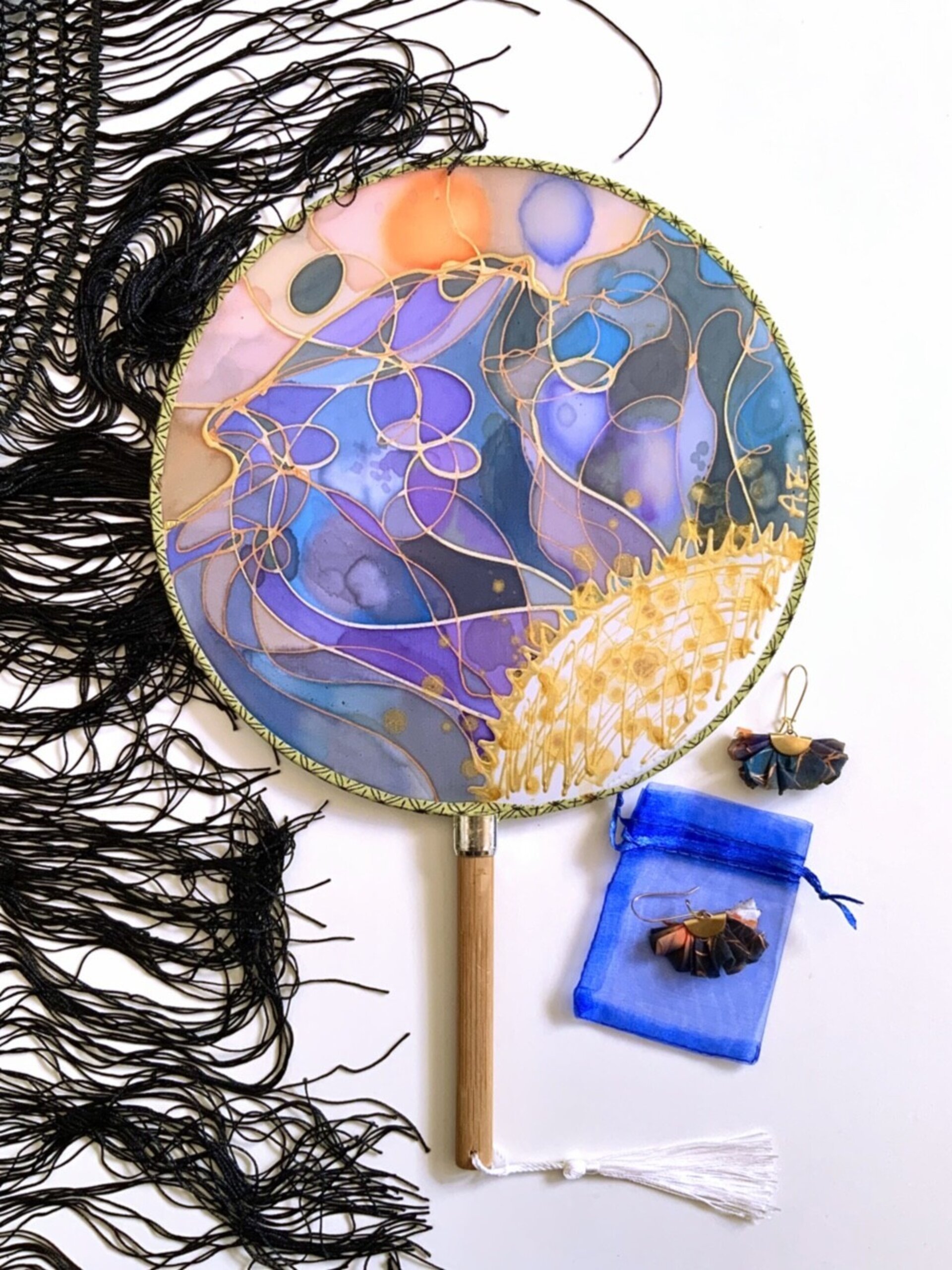 Conjunto paipai y pendientes de seda violeta y azul regalos originales - 1