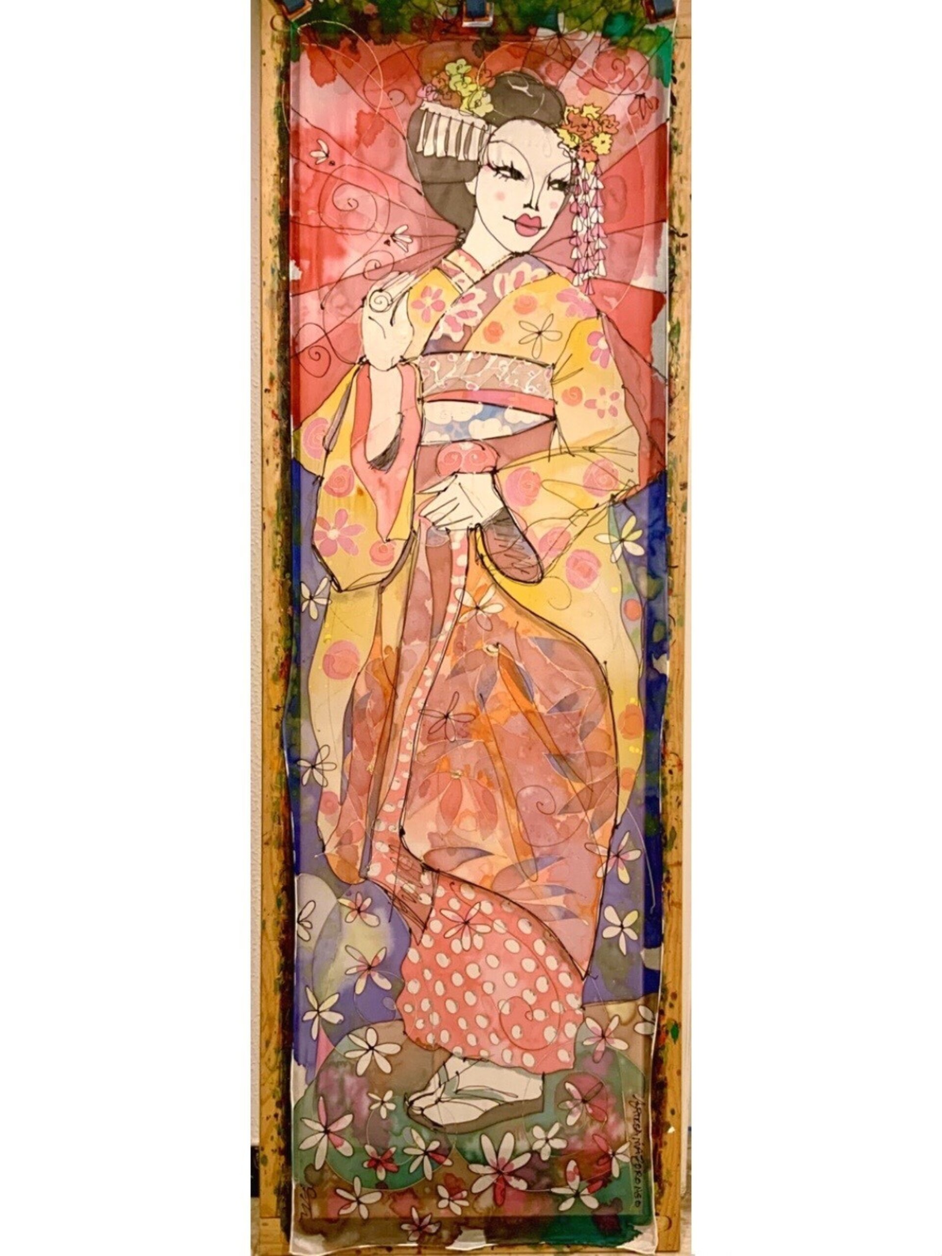 Pañuelo de seda artesanal geisha flor rojo pintado a mano - 2