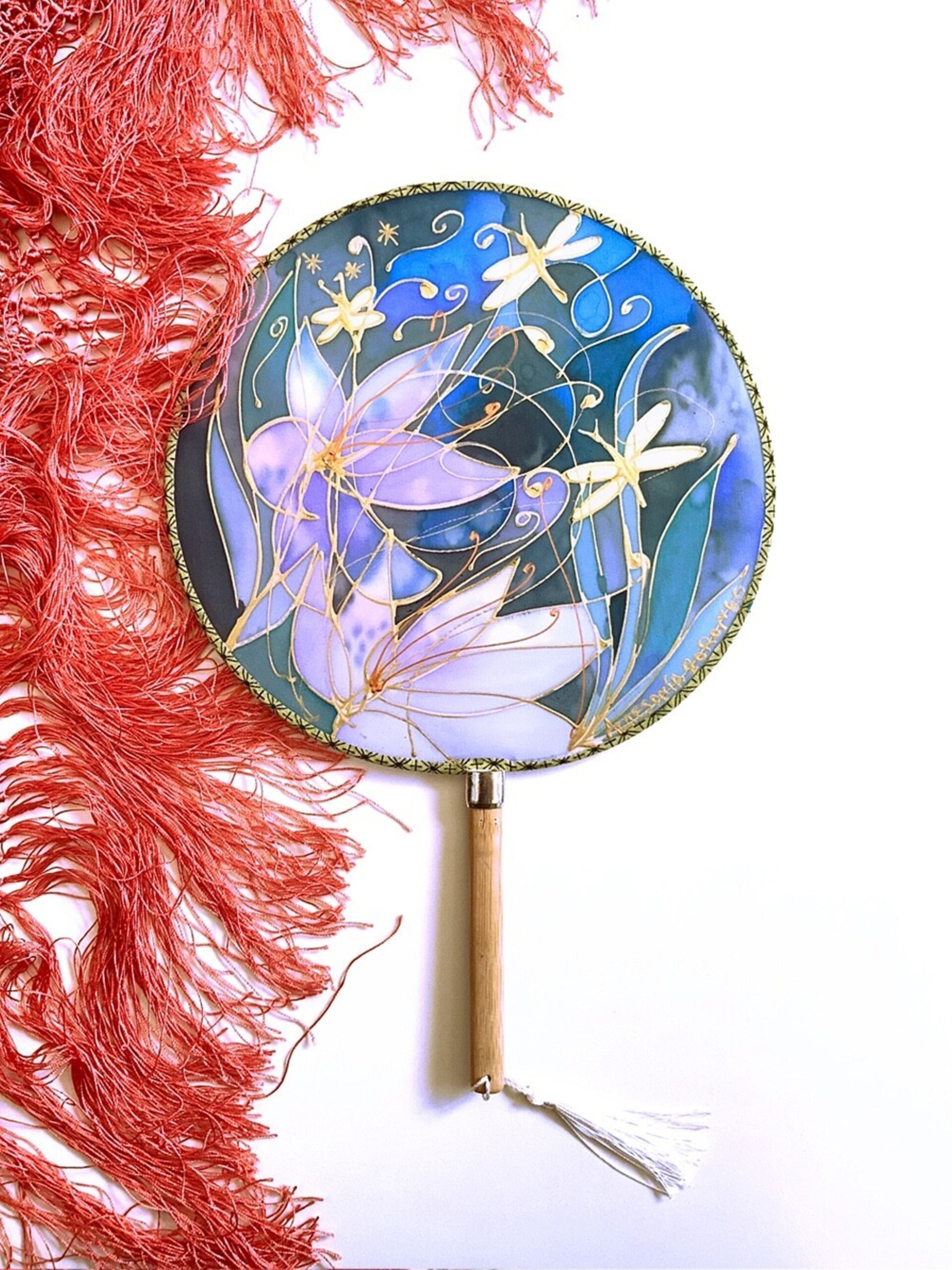 Paipai abanico artesano vidriera azules novia flores - 1